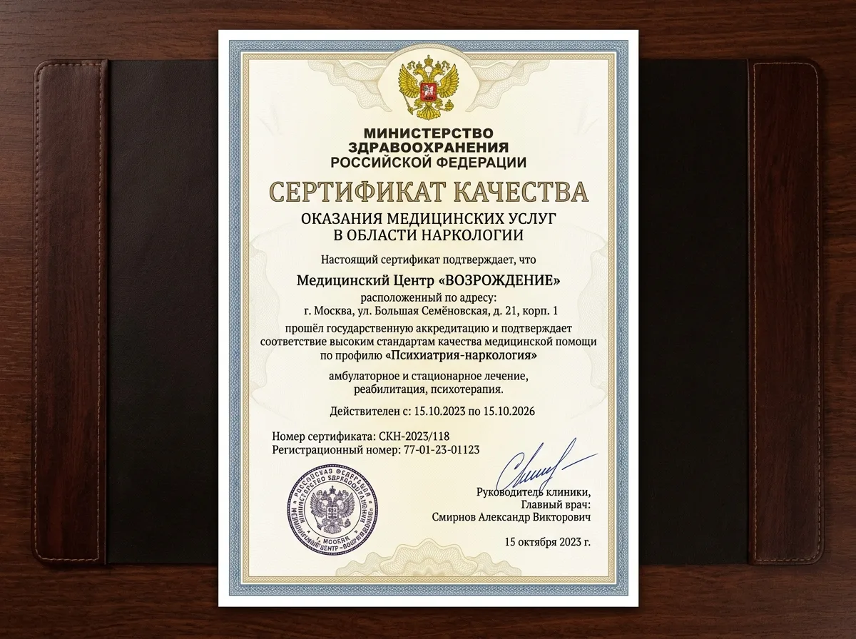 Сертификат качества медицинских услуг наркологической клиники, официальный документ с гербовой печатью и подписью руководителя